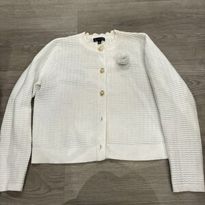 White Greige Button Up Cardigan Sweater Flower Acc | Size L | Missing 2 Buttons